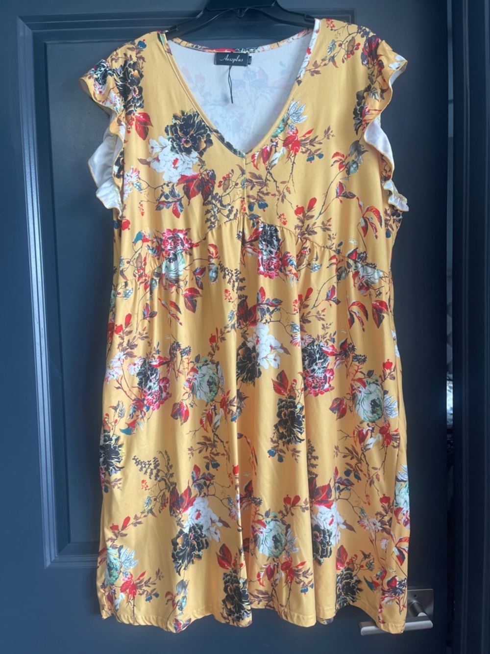 Amzplus Plus size Floral Mustard V-Neck Dress